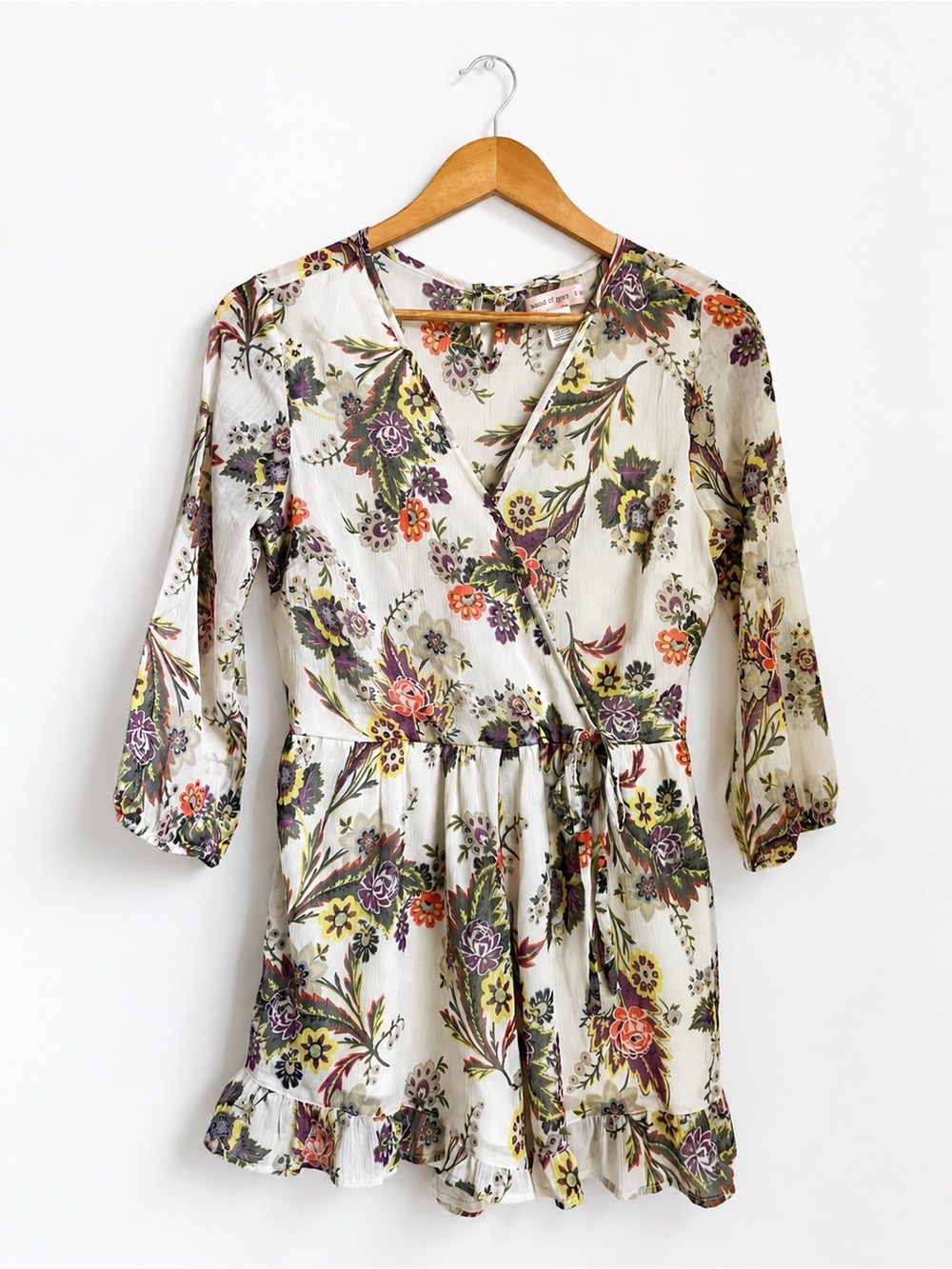 Boho Floral Wrap Romper Cottagecore Long Sleeve Tie Waist S